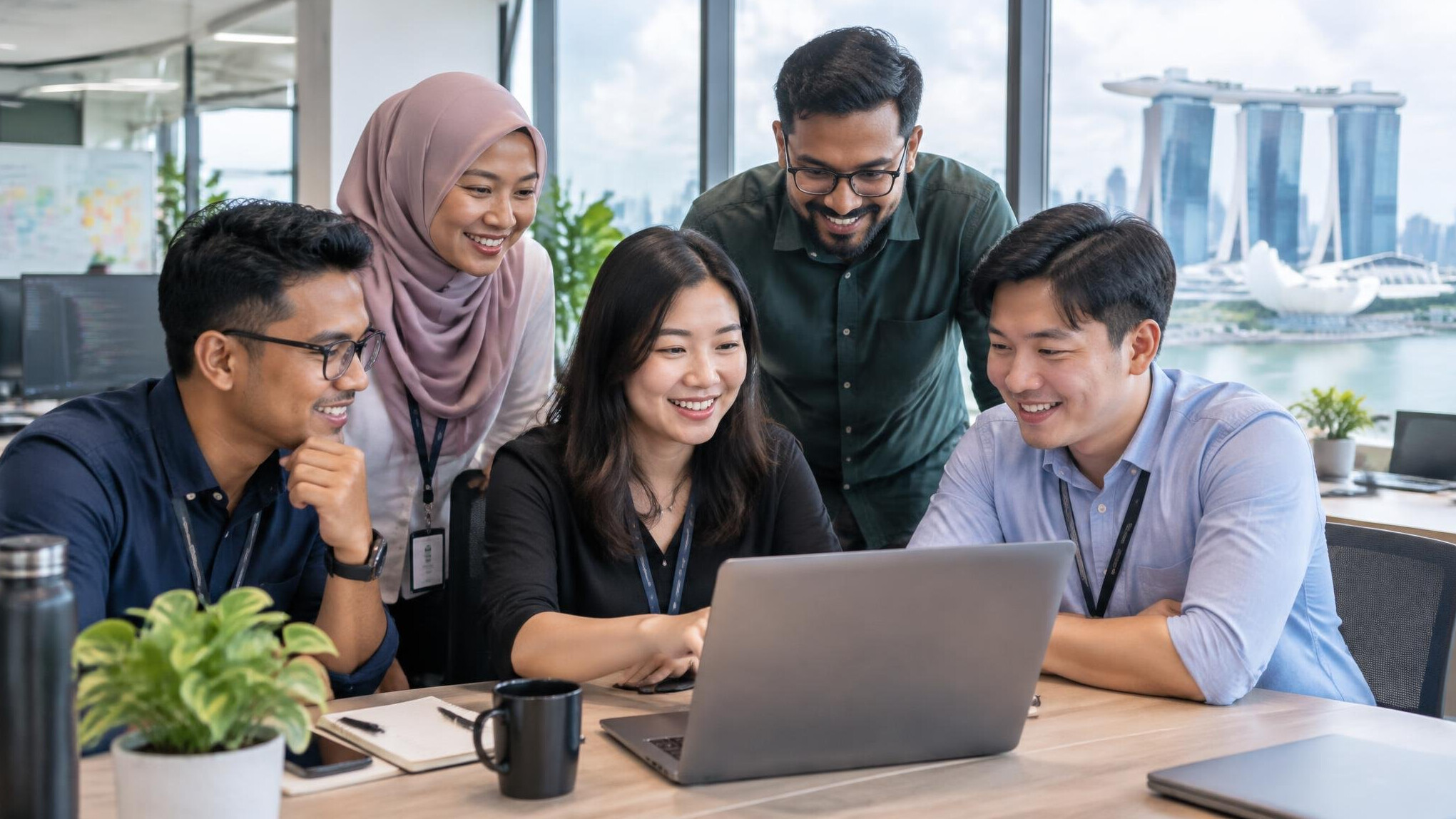 Diverse team of software engineers collaborating around a laptop in a bright office